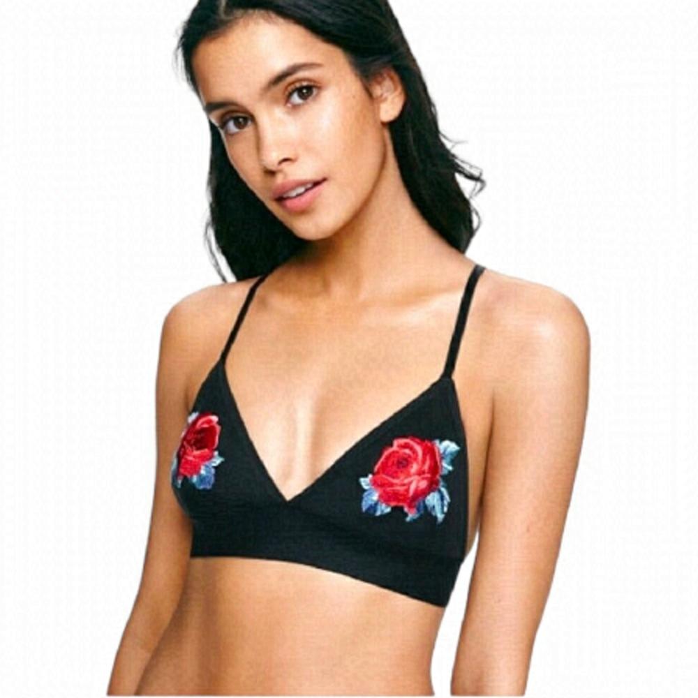 Pink by Victoria’s Secret Lace Triangle Bralette with Embroidered Roses on Black